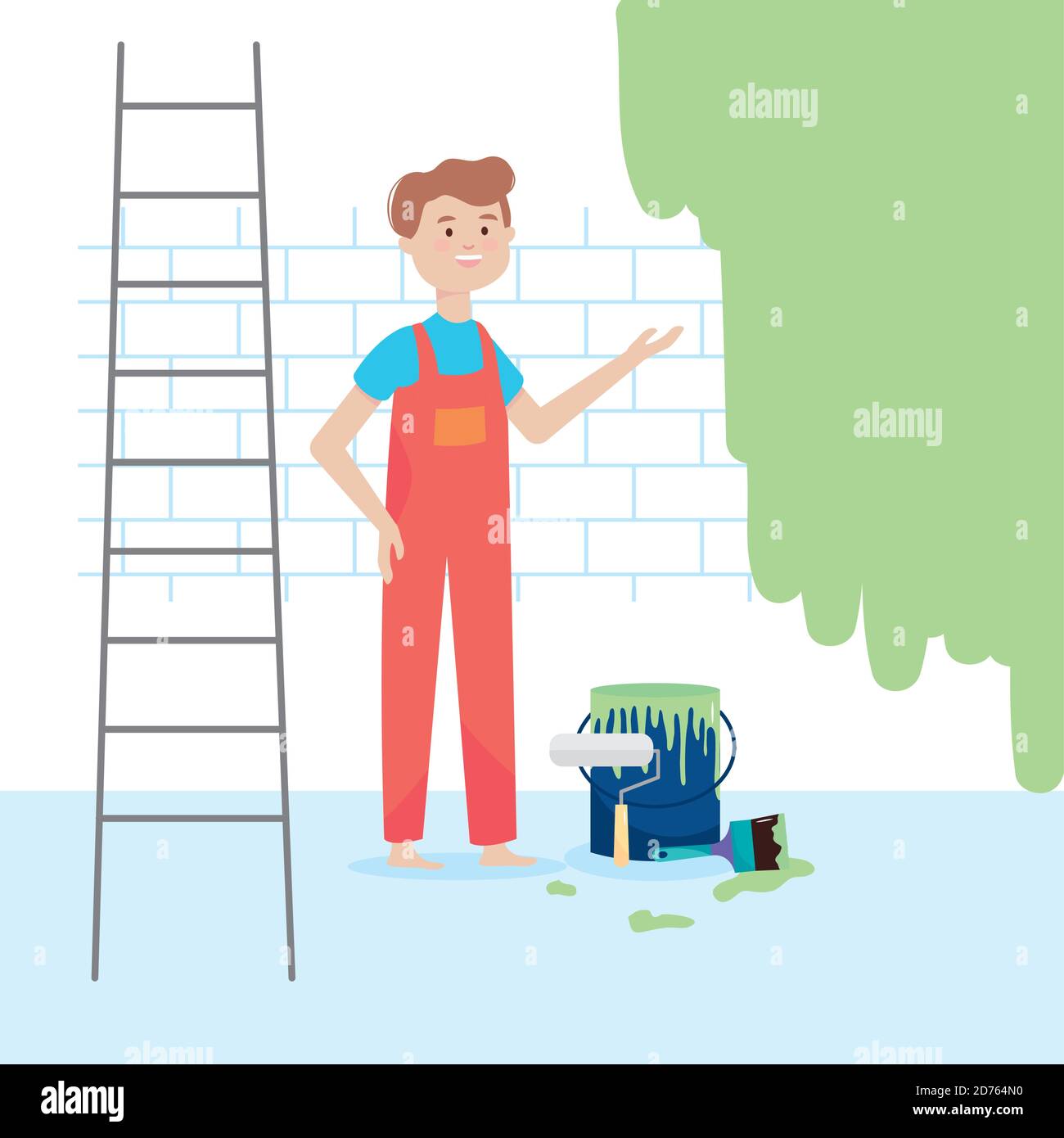 worker man with stair bucket paint roller and brush vector illustration
