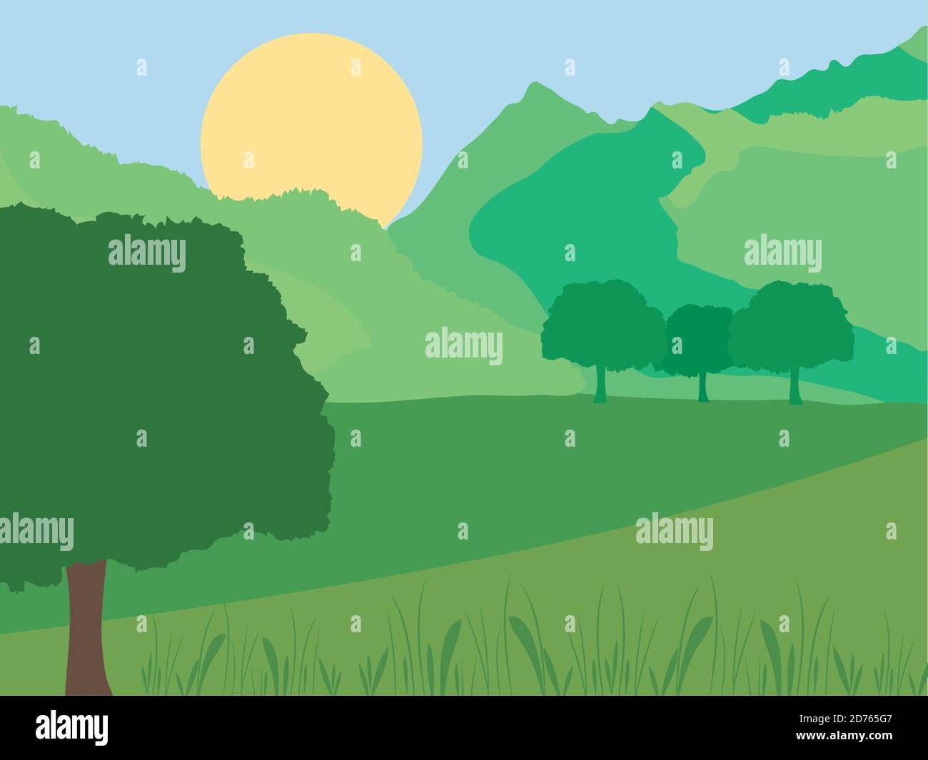 sunny valley landscape with trees, colorful design, vector illustration ...