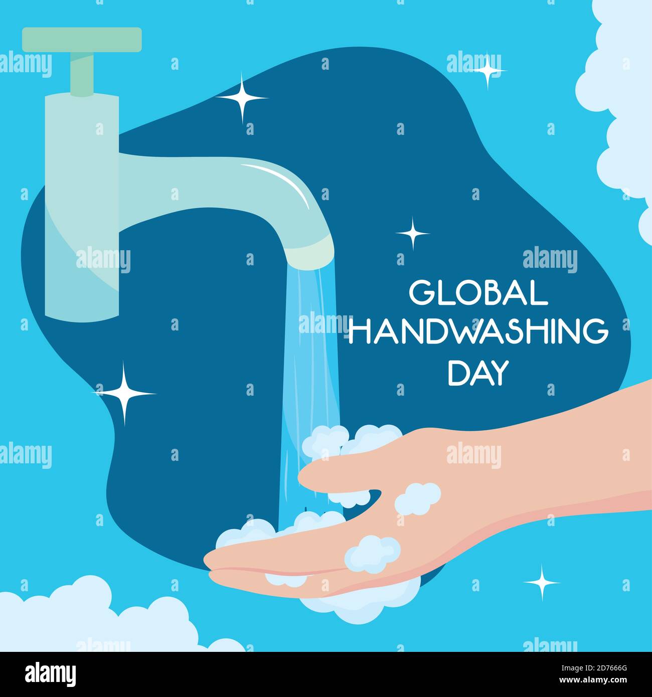 global handwashing day, faucet water and hand with bubbles vector ...
