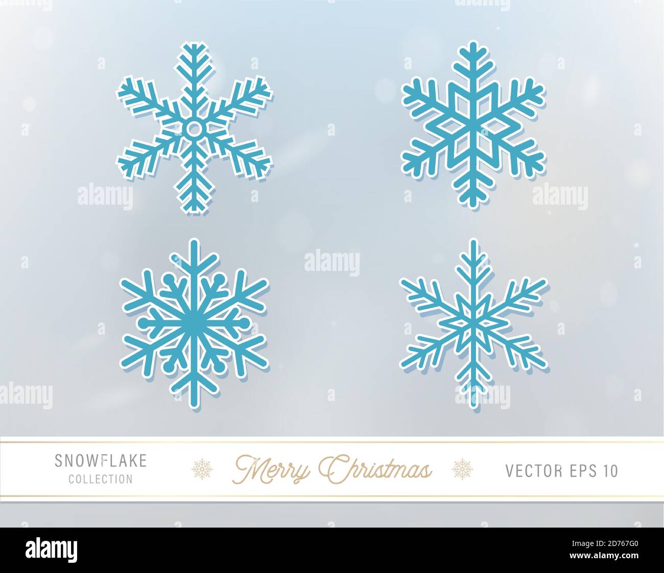 White and blue snowflake icon set of 4 designs on light blue snowfall background Stock Vector