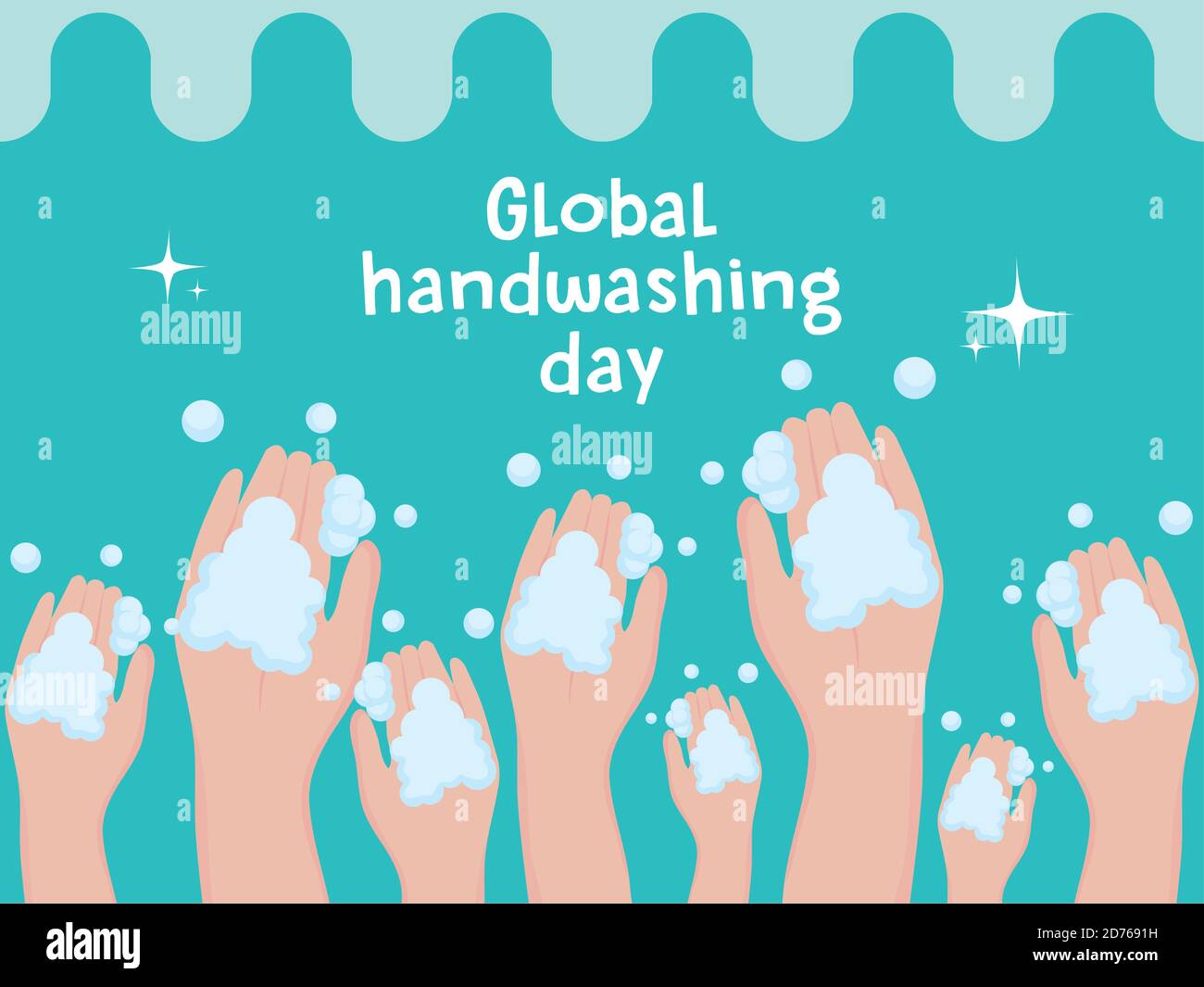 global handwashing day, raised hands with foam bubbles and text ...