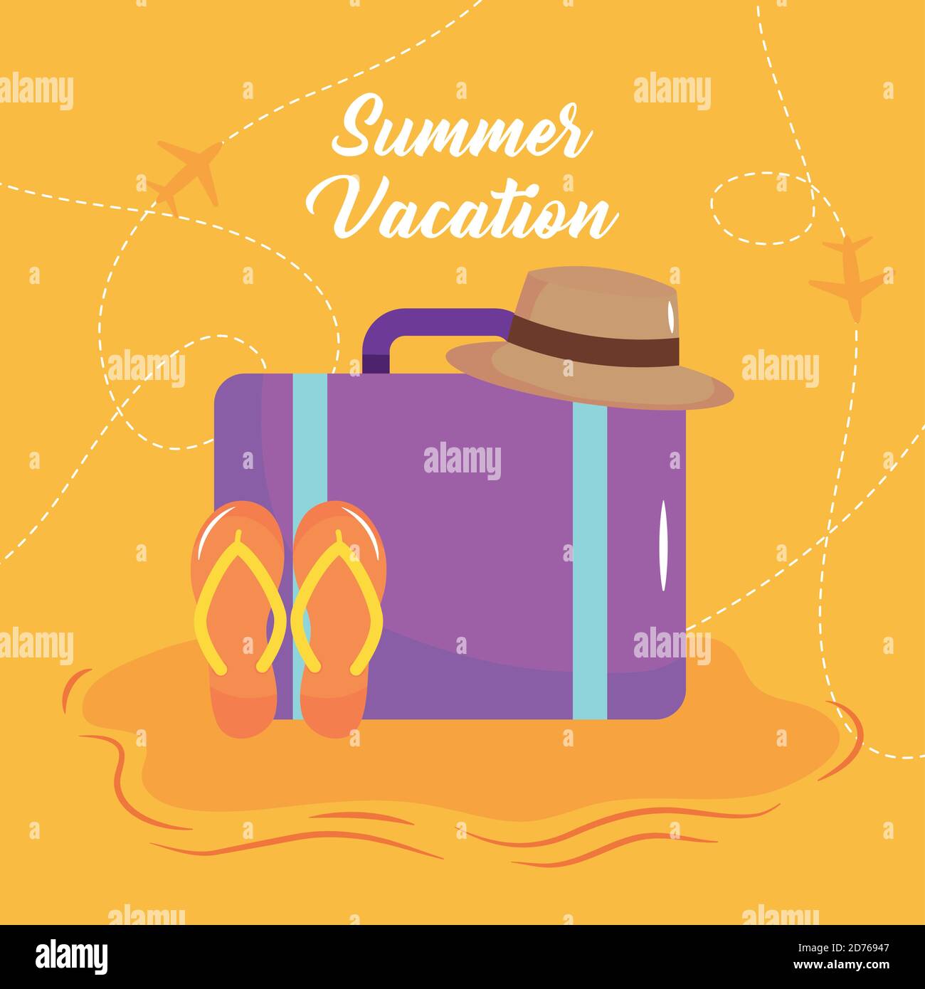 summer vacation travel, purple suitcase hat and flip flops vector ...