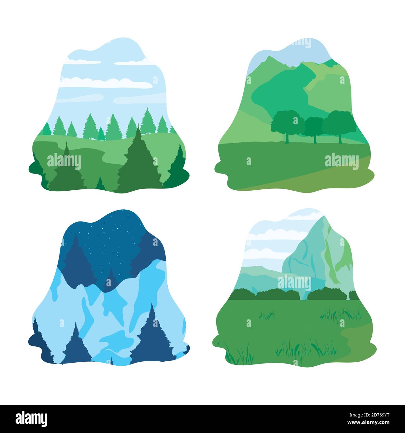 icon set of forest and winter landscapes over white background ...