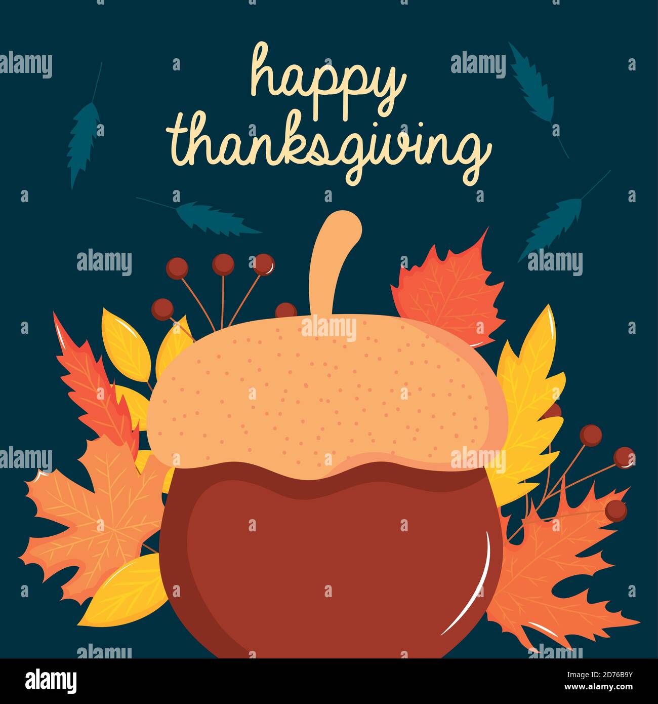 happy thanksgiving design with acorn and dry leaves around over blue ...