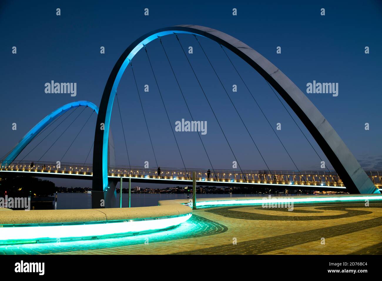 Elizabeth Quay Bridge lit up at dusk. Stock Photo