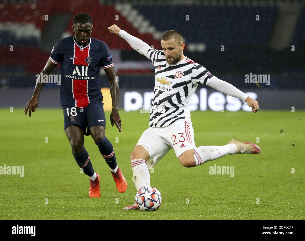 uke Shaw of Manchester United, Moise Kean of PSG (left) during the UEFA Champions League, Group Stage, Group H football match between Paris Saint-Ger Stock Photo