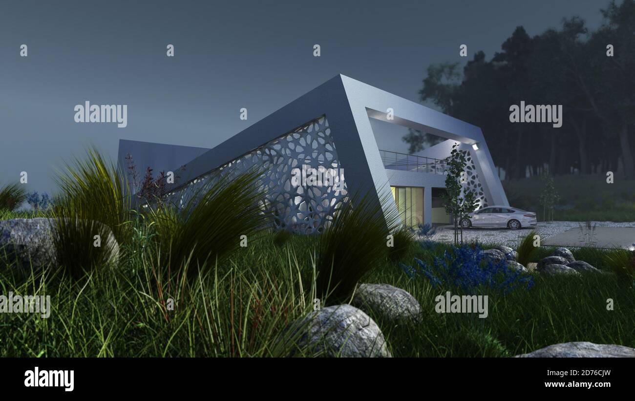 nature housing concept modern style lake house 3d render exterior night ...