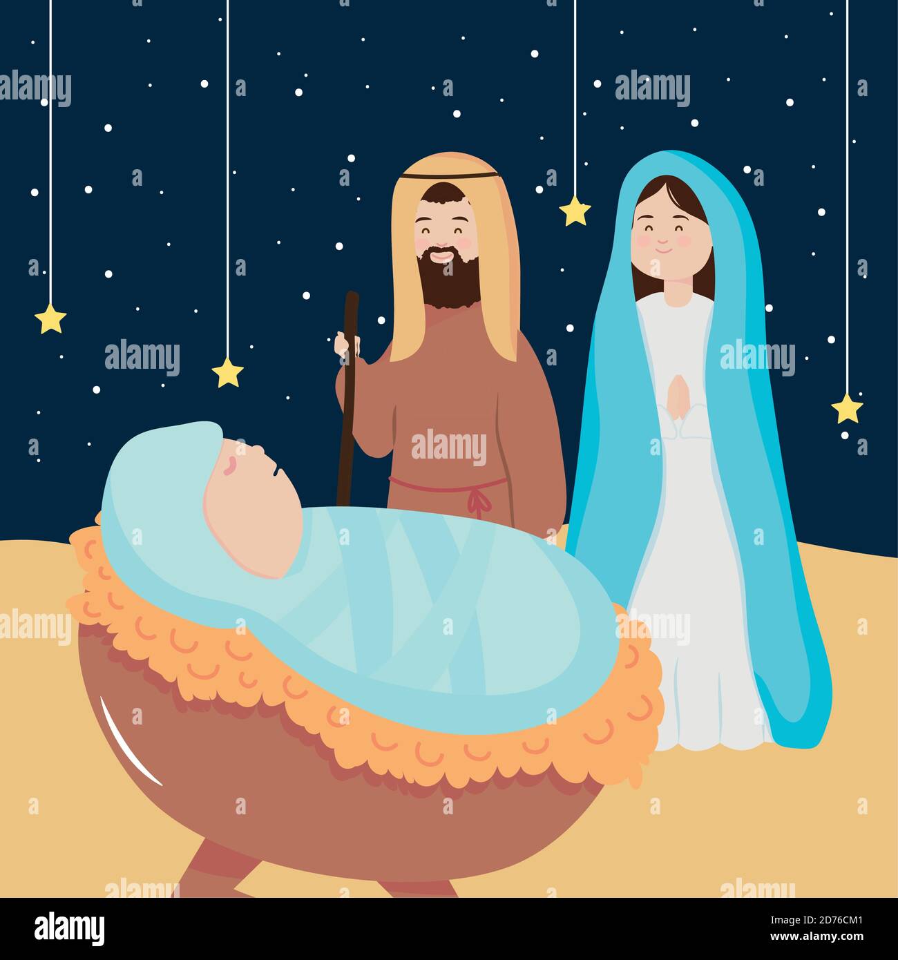 nativity, manger joseph mary baby jesus and hanging stars vector ...