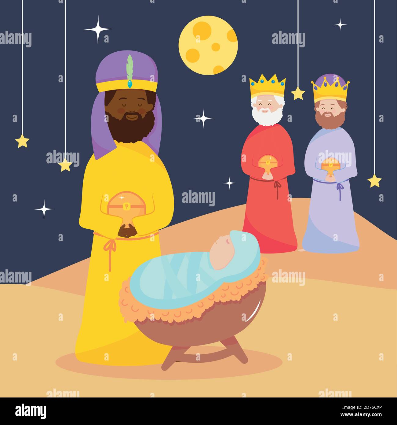 nativity, manger baby jesus and three wise kings with gifts in the ...