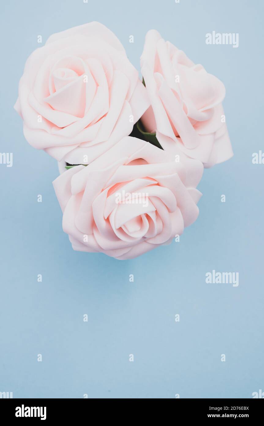 Top view closeup of three artificial light pink roses placed in a pot