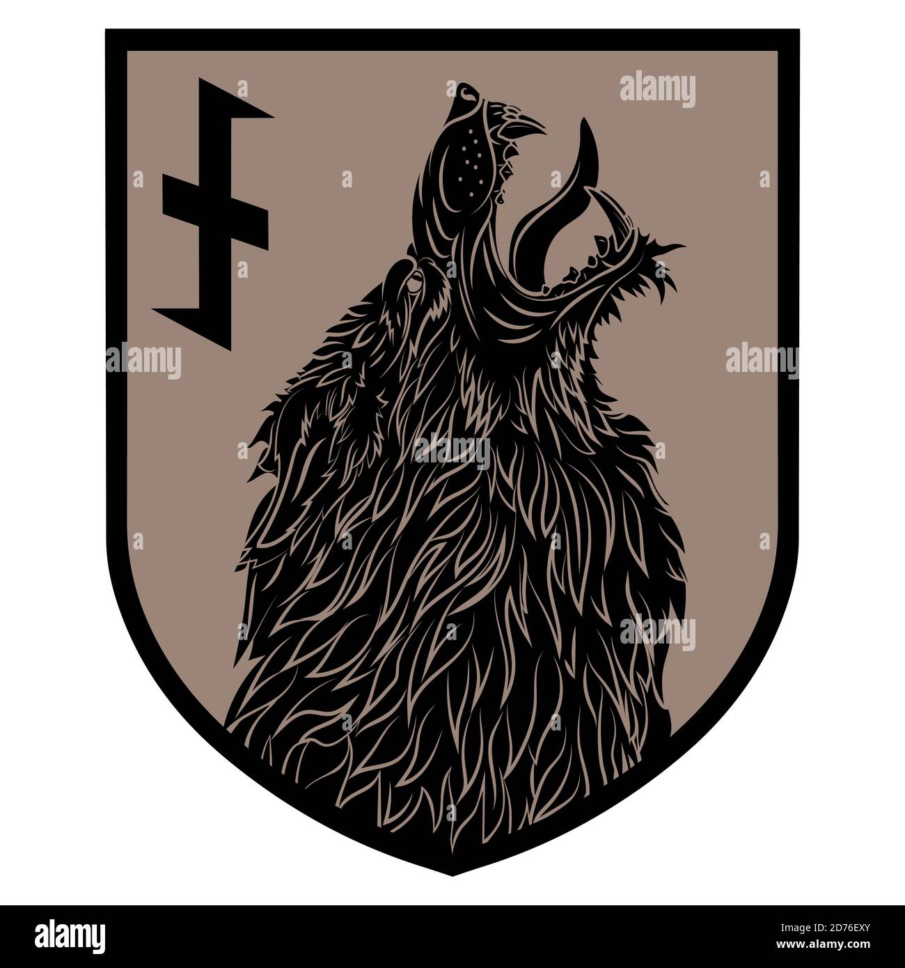 Design patch. Heraldic shield with a Werewolf and rune Wolfsangel Stock Vector