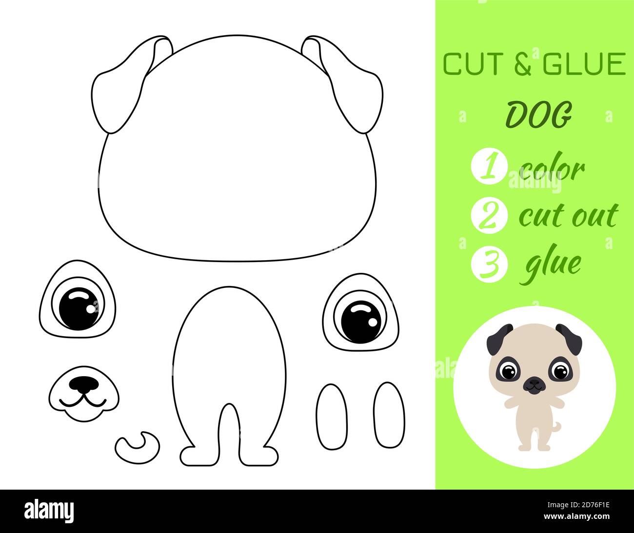 Coloring book cut and glue baby dog. Educational paper game for