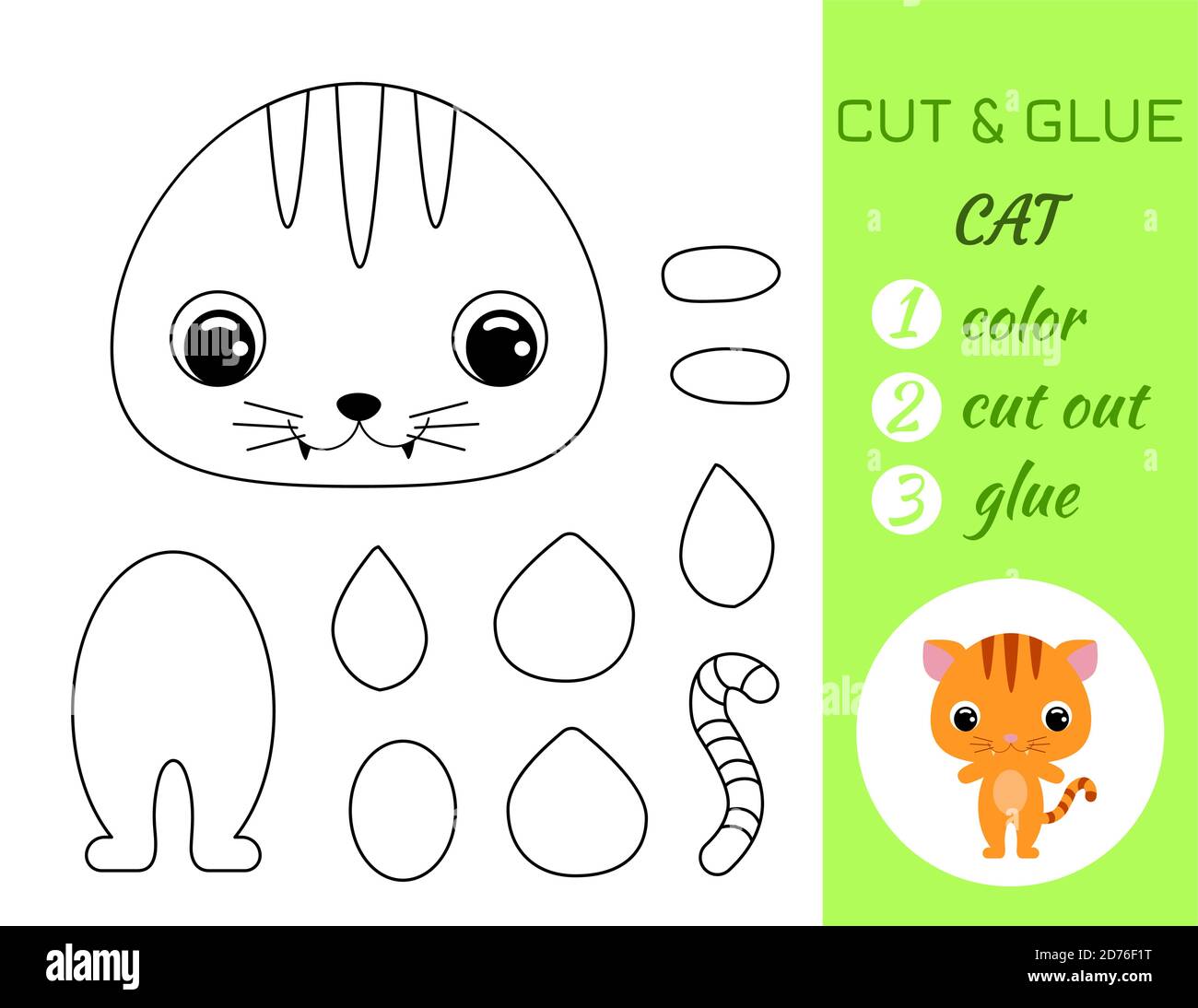 Coloring book cut and glue baby cat. Educational paper game for