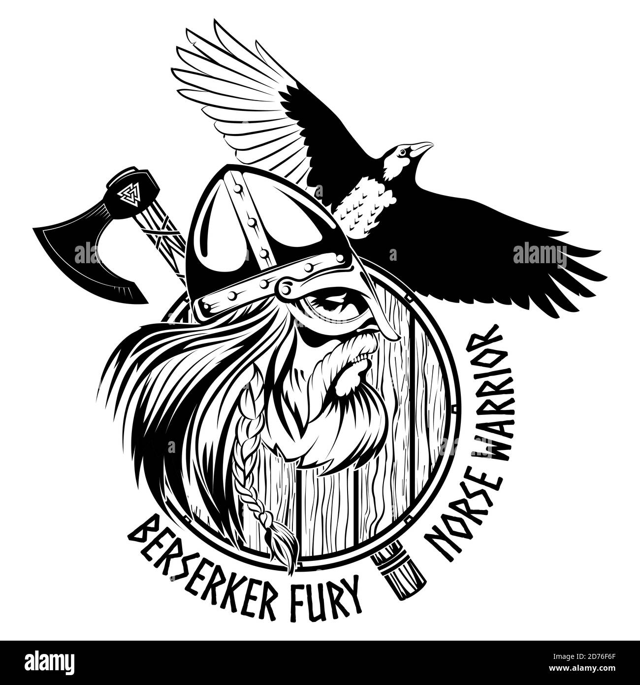 Norse warrior Berserker. Viking head, shield, battle axe and black Raven Stock Vector