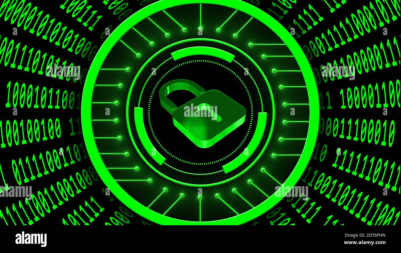 Binary code arranged in cylinder shape - closed padlock built into HUD elements - cyber internet or network technology Stock Photo