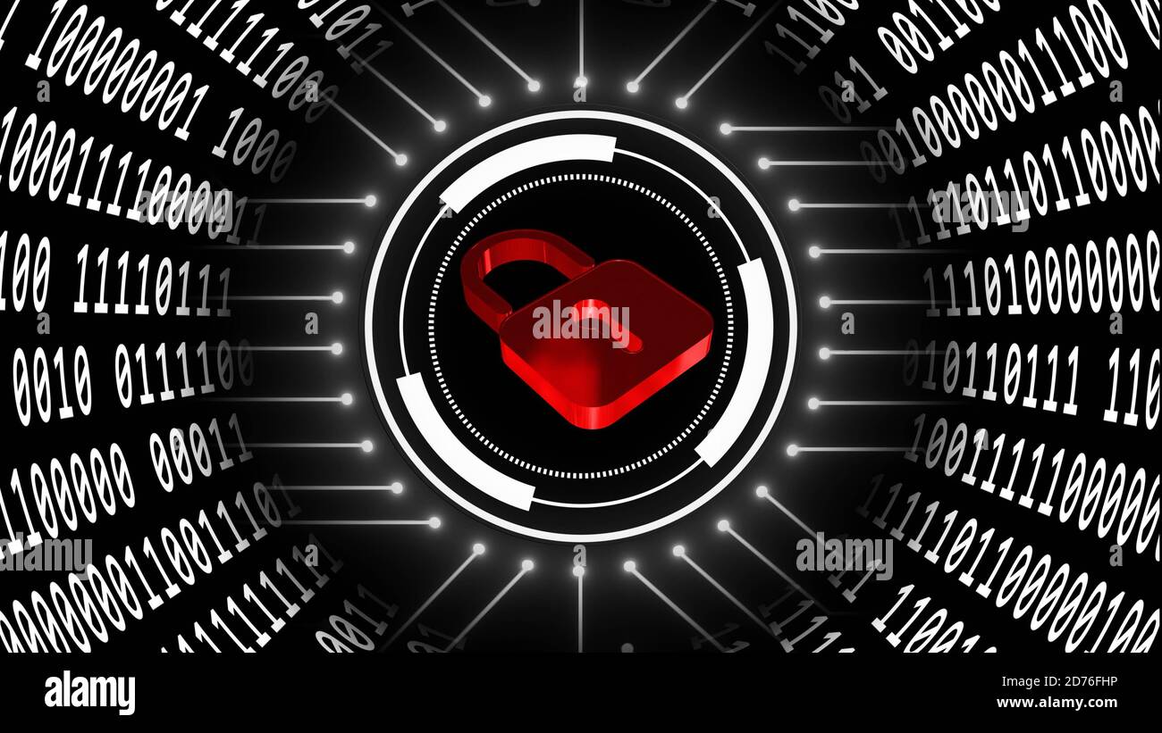 Binary code arranged in cylinder shape - closed padlock built into HUD elements - cyber internet or network technology Stock Photo