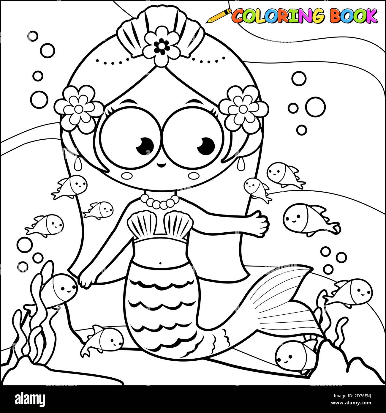 Download Mermaid Swimming In The Sea Black And White Coloring Page Stock Photo Alamy
