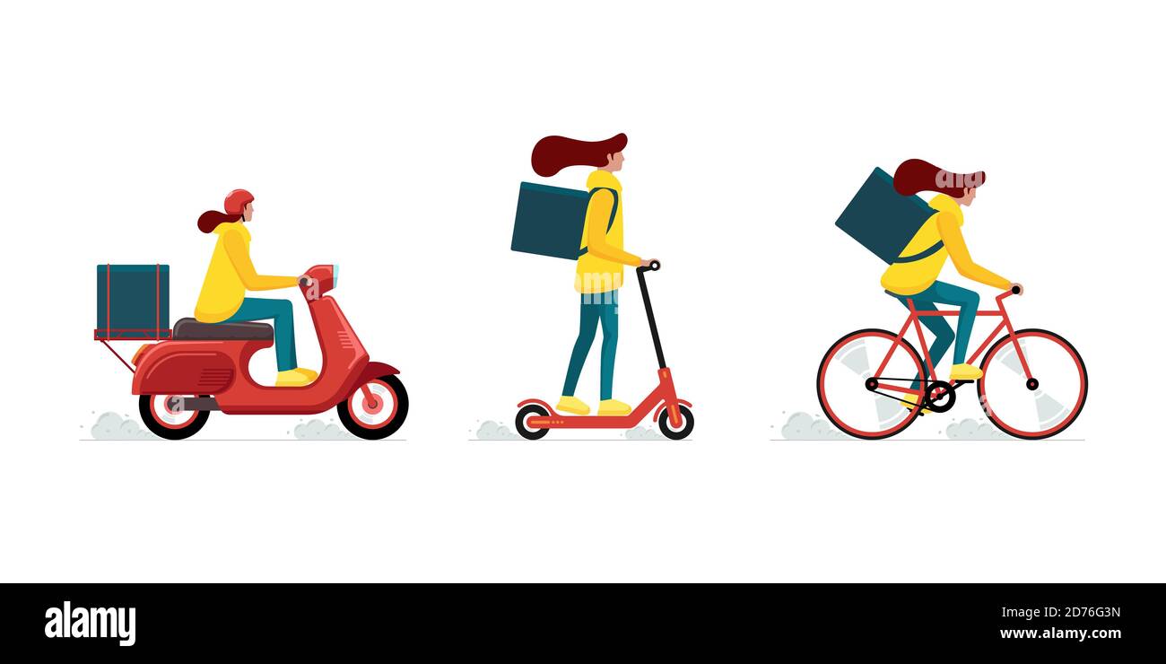 Express delivery girl courier service concept set. Online fast logistic female on bicycle or electric scooter moped with orders parcel box. Vector flat illustration Stock Vector
