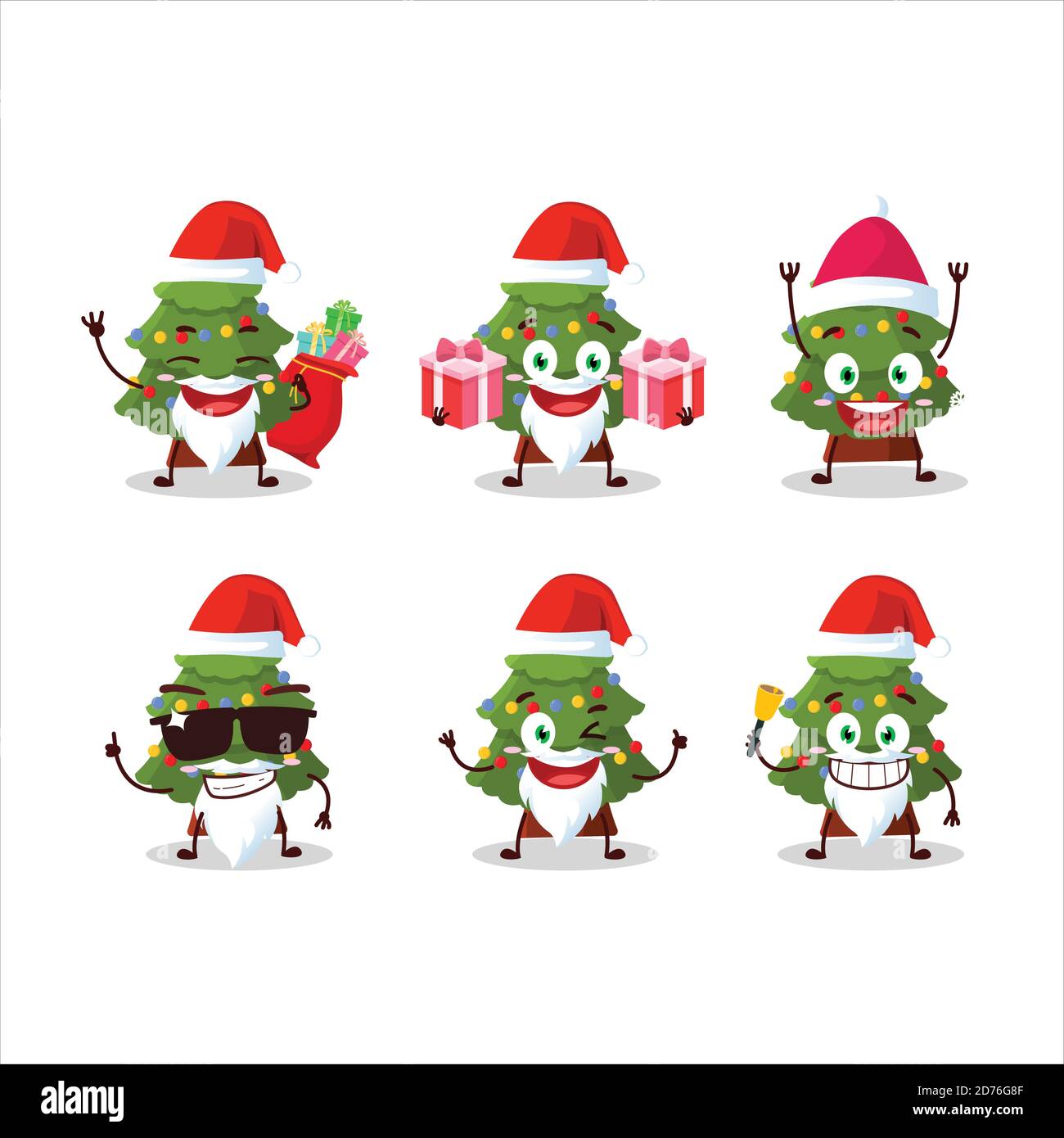 Santa Claus emoticons with green christmas tree cartoon character Stock