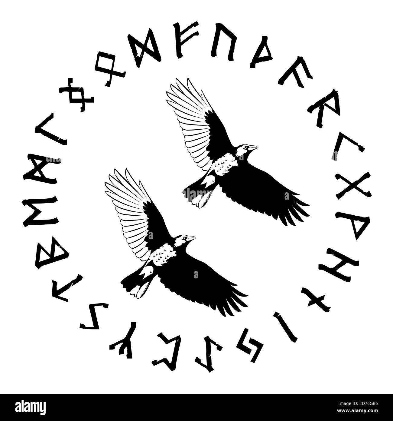 Flying Black Raven and ancient Scandinavian runes Stock Vector