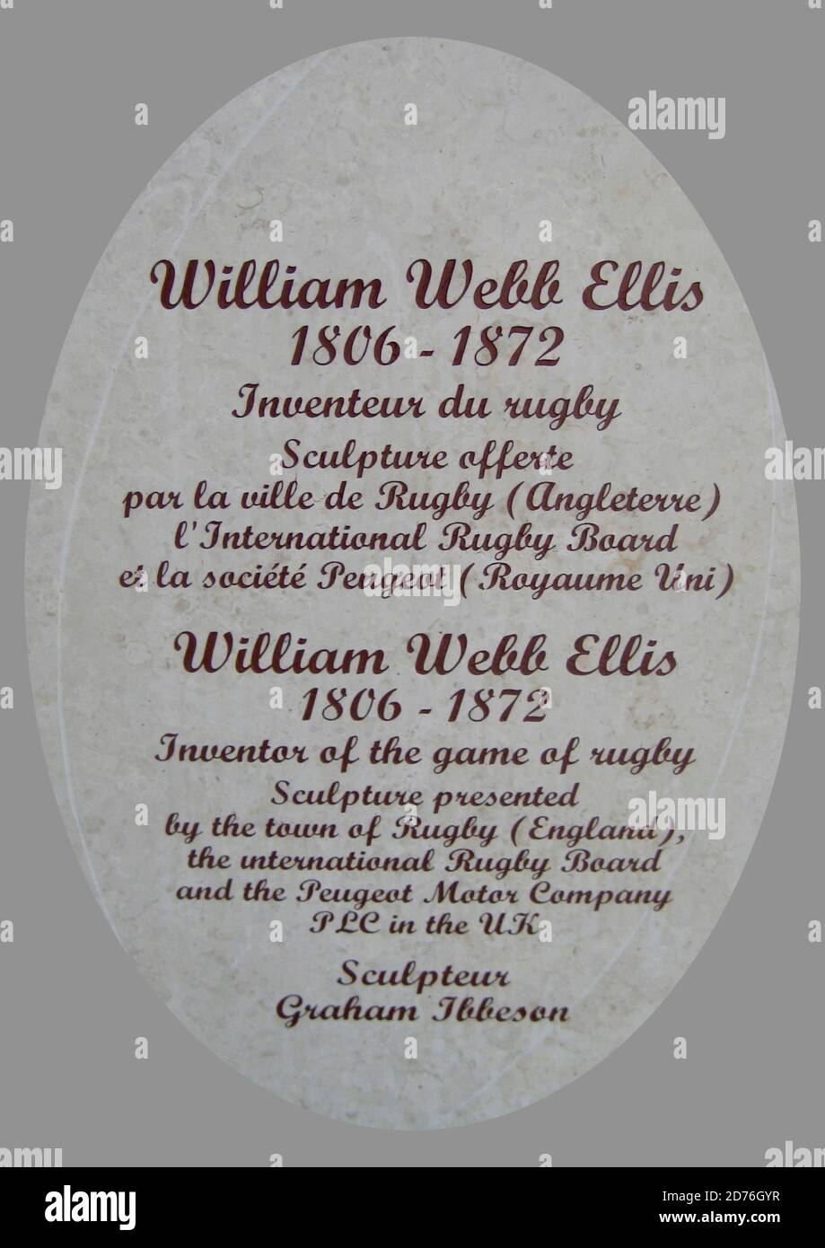 Tribute to William Webb Ellis founder of the sport of Rugby in Menton, Alpes Maritimes, France. Stock Photo