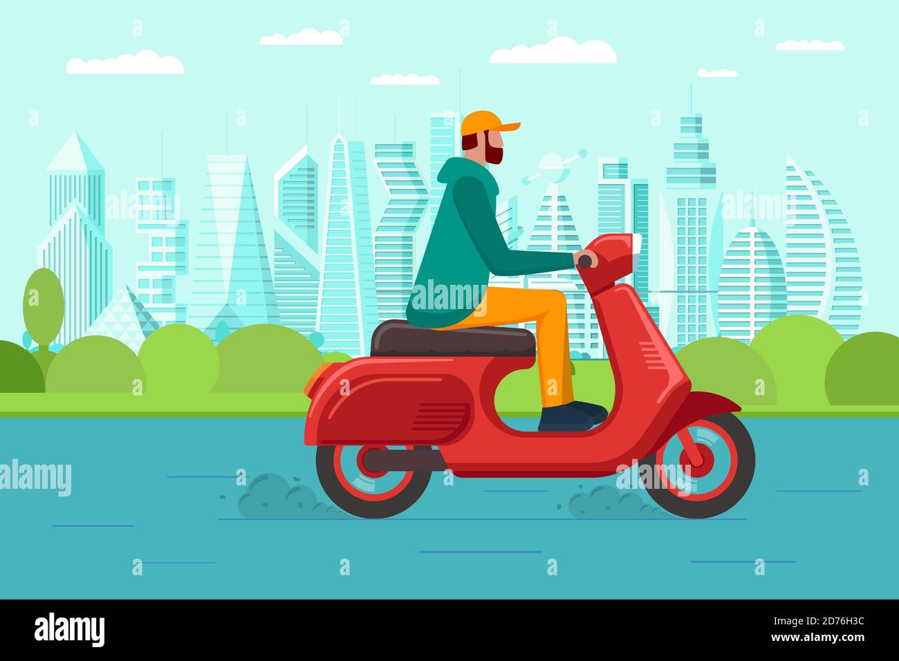 Male riding retro style scooter on modern city park road. Man drives red moped on street. Boy vintage motorcycle driver. Hipster on bike life in motion lifestyle vector eps illustration Stock Vector