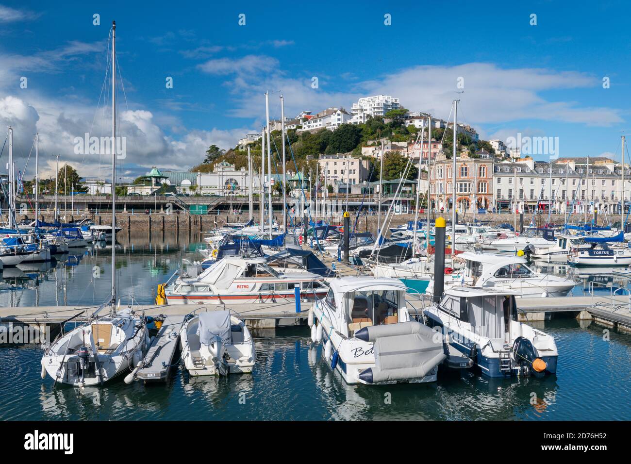 Rows of pleasure craft line the moorings in the marina at Torquay on the 'English Riviera' in South Devon, England. Stock Photo