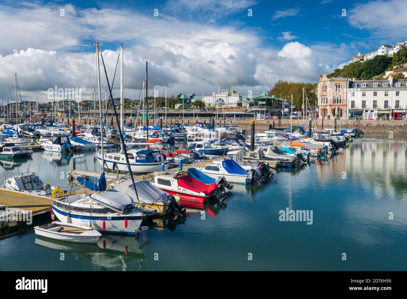 Rows of pleasure craft line the moorings in the marina at Torquay on the 'English Riviera' in South Devon, England. Stock Photo