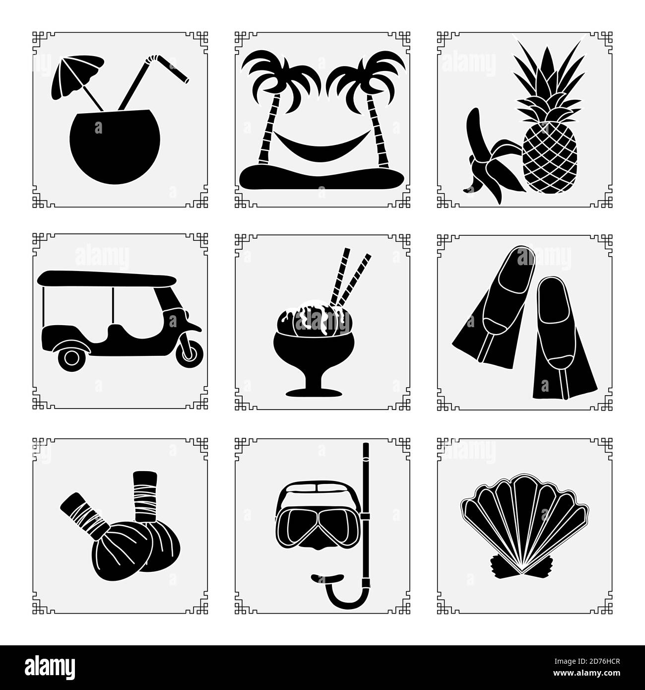 Thailand symbols set Vector illustration Cocktail, palm trees, hammock, banana, pineapple, ice cream, mask, tube, fins, seashell, tuk-tuk, herbal pouc Stock Vector