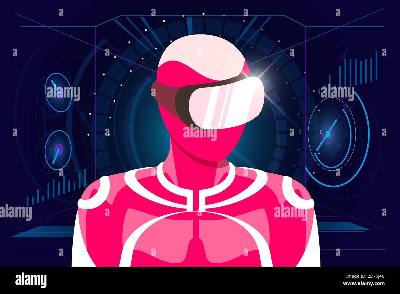 Virtual reality gaming in headset concept. User in pink suit wearing VR glasses helmet on HUD style abstract digital background. Futuristic technology vector eps illustration Stock Vector