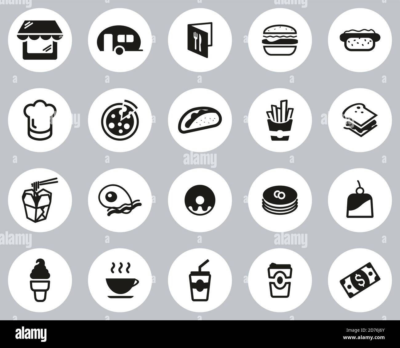 Fast Food Restaurant Or Fast Food Stand Icons Black & White Flat Design ...