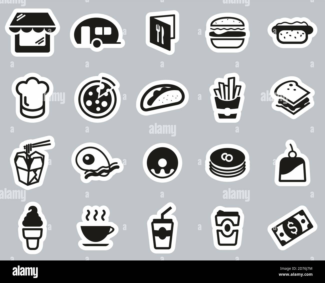 Fast Food Restaurant Or Fast Food Stand Icons Black & White Sticker Set ...