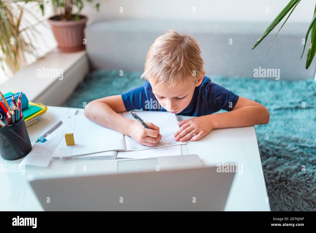 Little young school boy working at home with a laptop and class notes ...