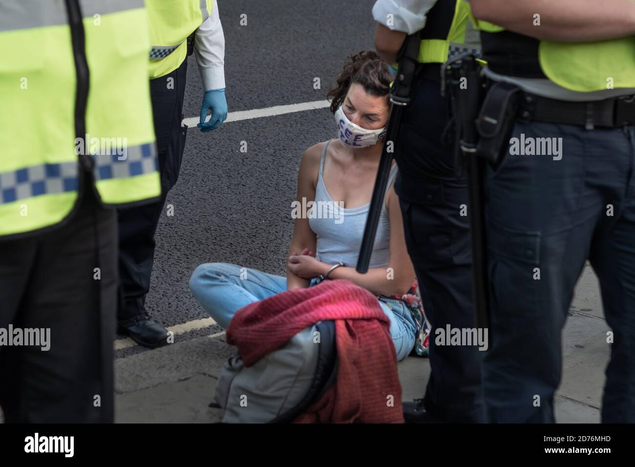 Extinction Rebellion demonstrator arrested in Parliament Square during 2020 September demonstration Stock Photo
