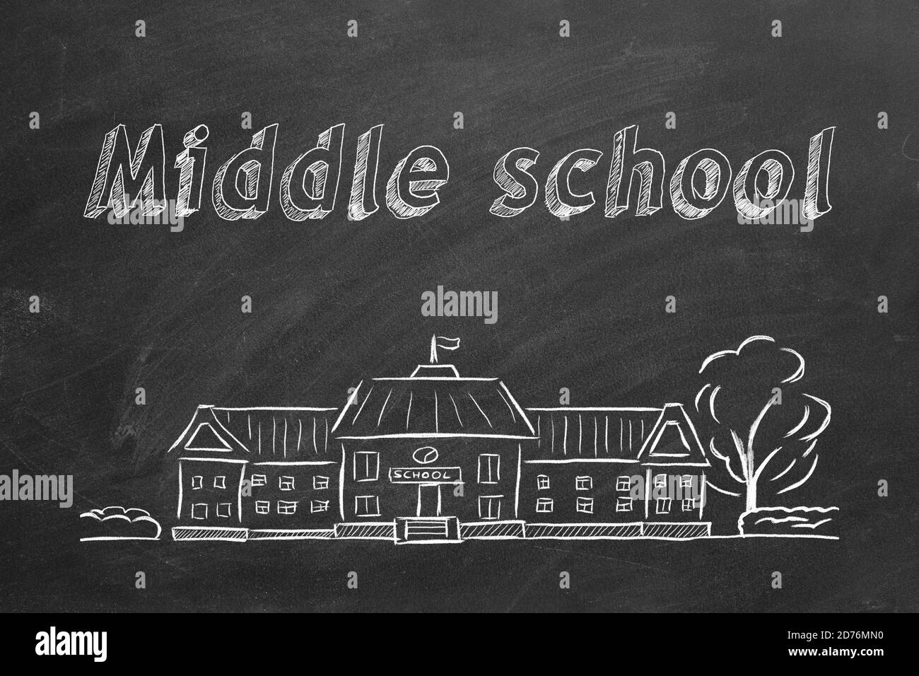 School building  and lettering Middle school on blackboard. Hand drawn sketch. Stock Photo