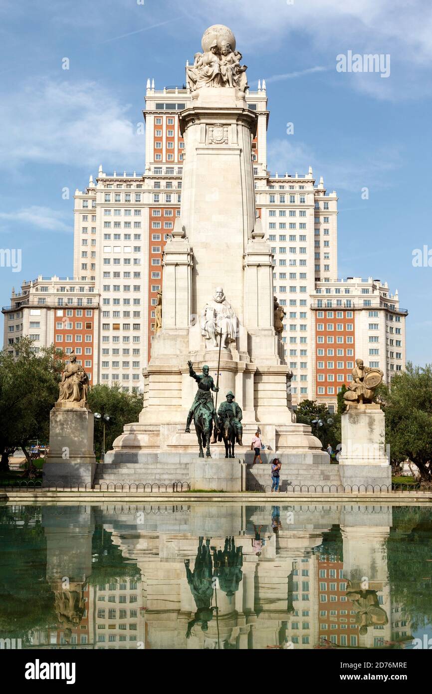 Plaza de España, one of the most emblematic squares of Madrid city, with Don Quijote and Sancho Panza monument, along with Miguel de Cervantes. Stock Photo