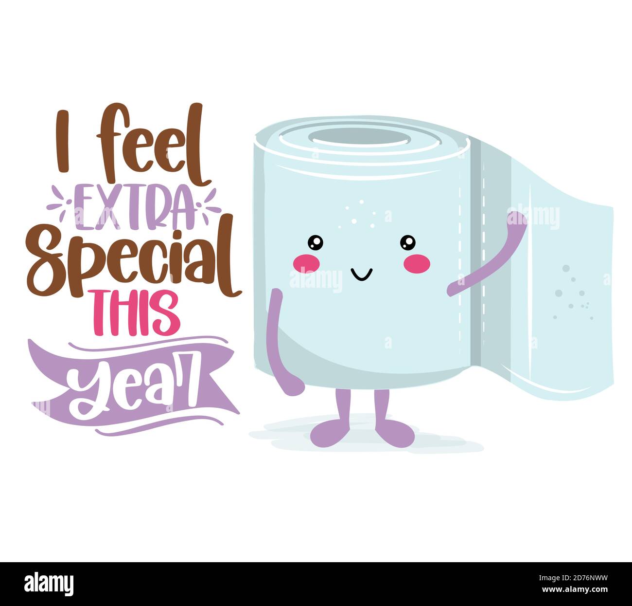 I feel extra special this year - Funny toilet paper in kawaii style. Coronavirus covid-19 funny character Xmas greeting cards, invitations. For ugly C Stock Vector