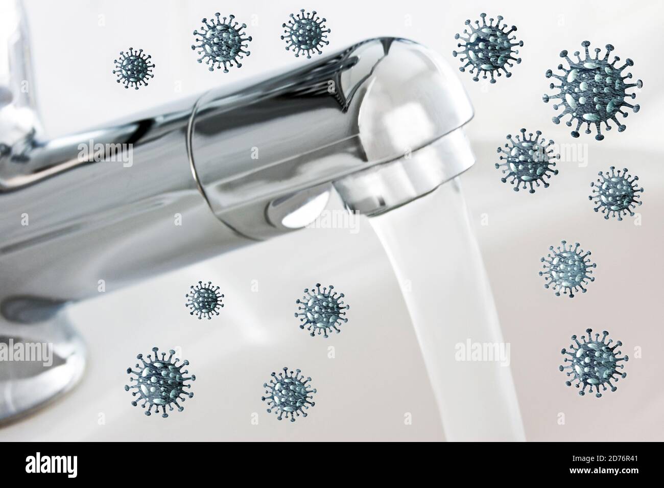 Laufender Wasserhahn mit Corona Viren Konzept Stock Photo
