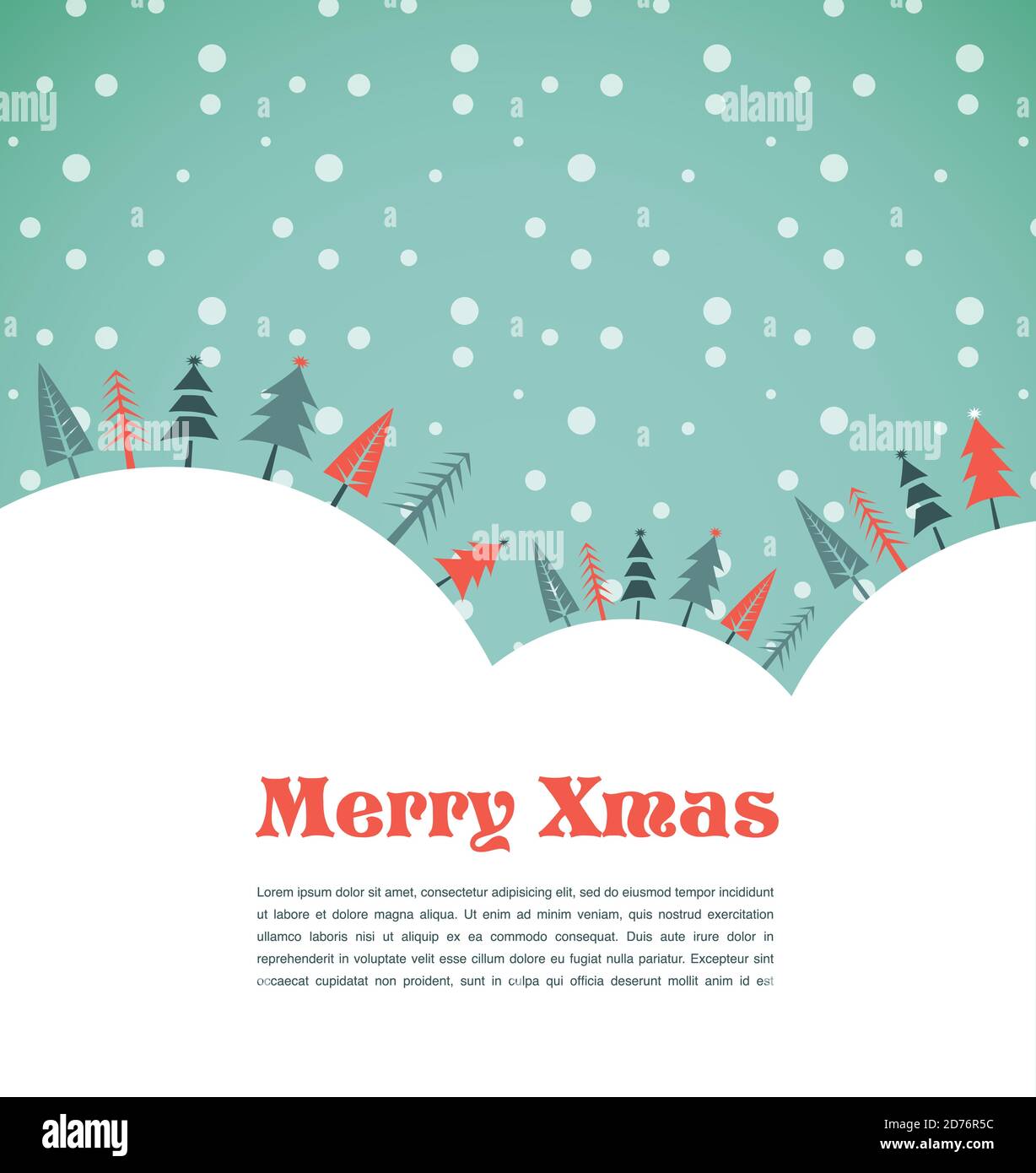 Merry Christmas greeting card template with winter forest background and white text area Stock Vector