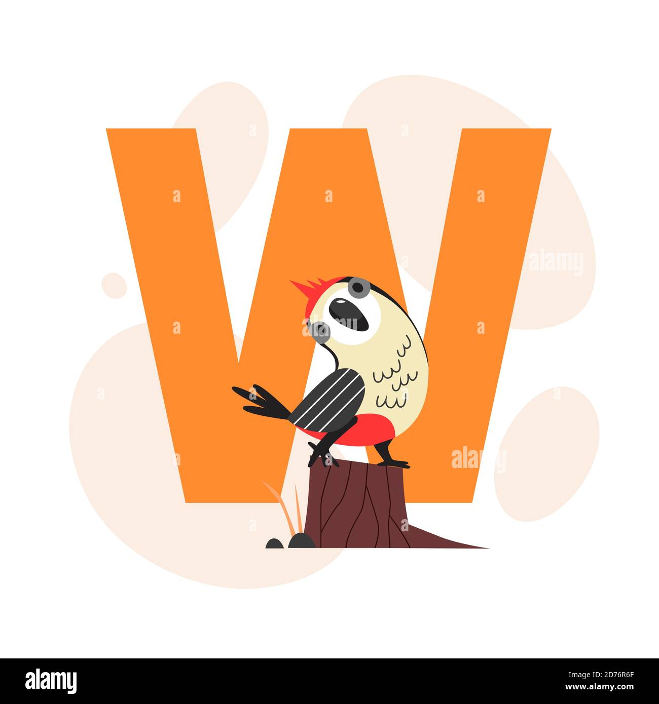 Children ABC english animal alphabet with W letter and cute Woodpecker