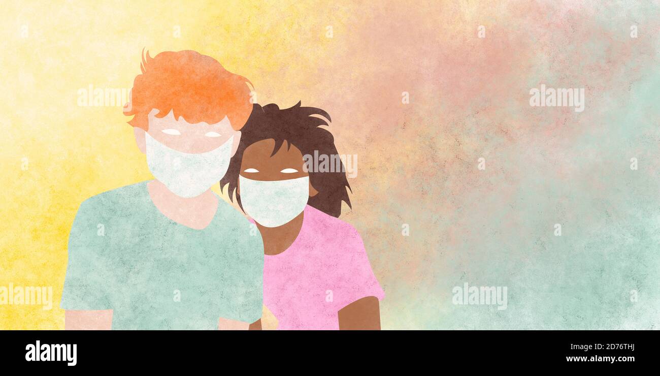 Watercolor grunge illustration of two masked children Stock Photo