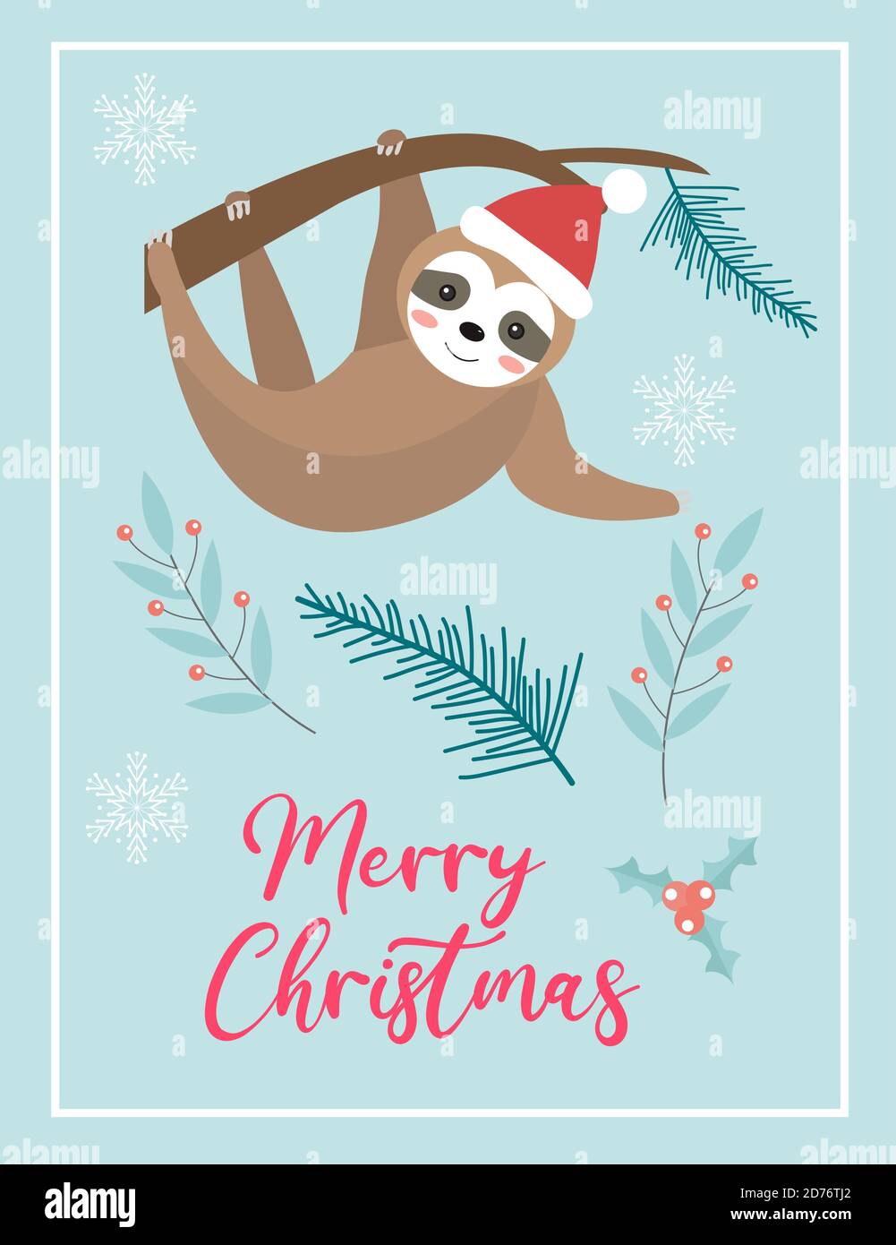 Merry christmas cute card with sloth in santa hat. Winter holidays new year template for your design. Vector illustration Stock Vector