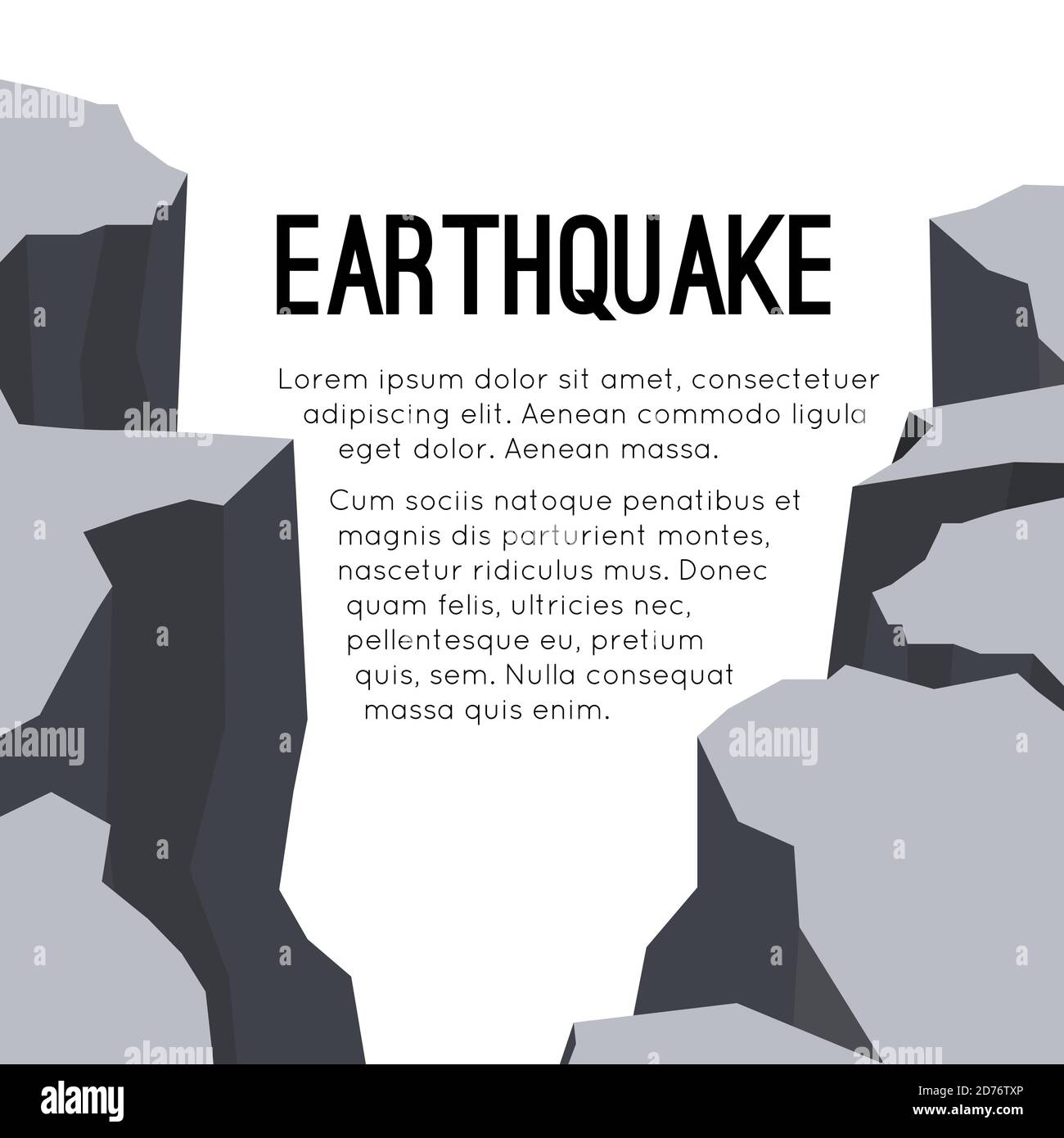 Vector flat card with earthquake and space for text. Splits and cracks. Faults in the ground. Natural disaster. Modern cataclysm. Ravine and rocks. Te Stock Vector