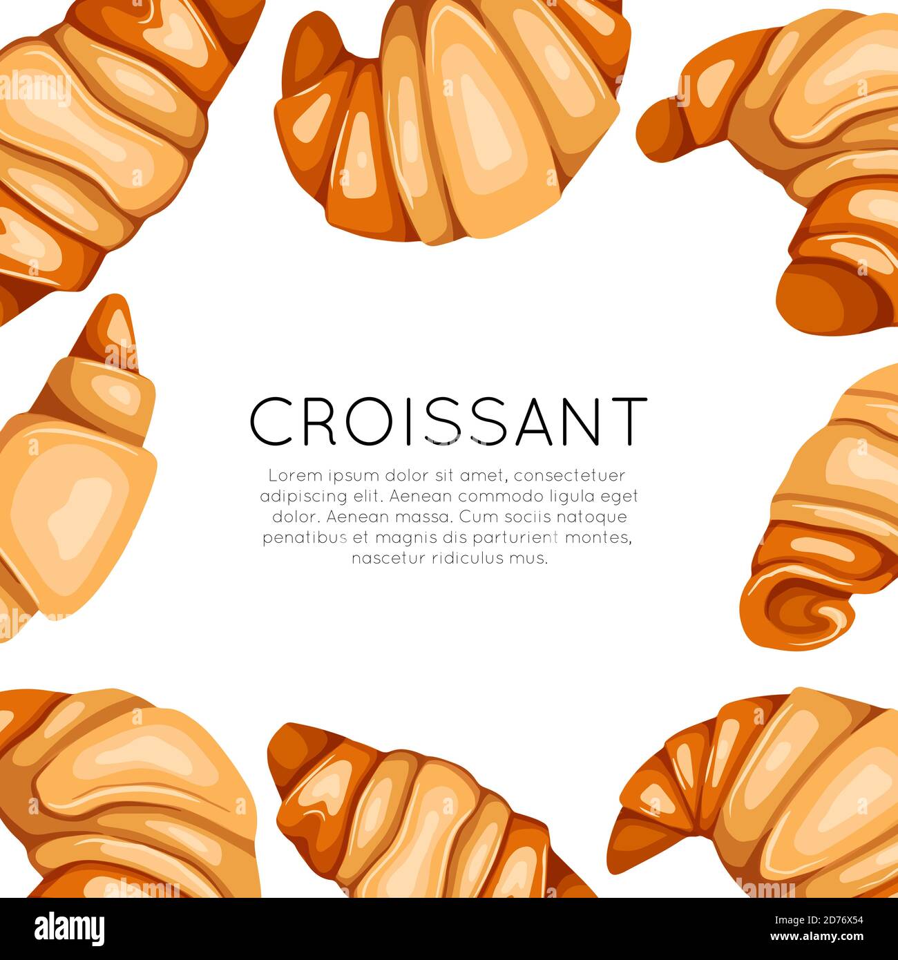 Square card with cartoon croissants and place for text. Banner with French baked treats. Bagel for breakfast. Vector template for greeting cards, menu Stock Vector