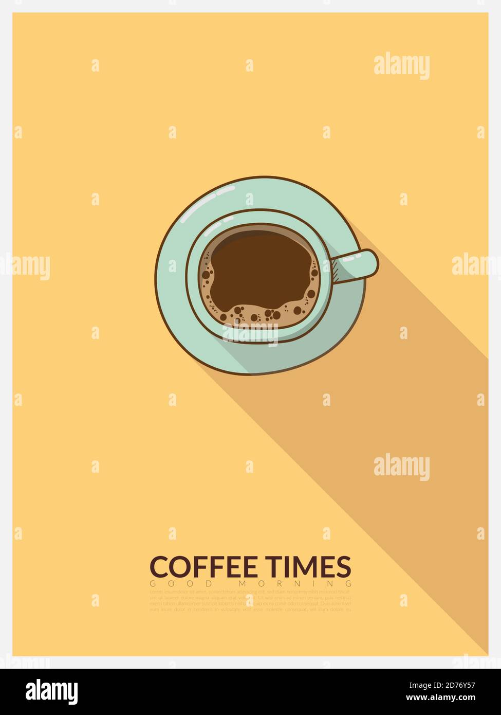 vector cartoon top view for a cup of coffee, blue cup on yellow background with light and shadow. minimal design poster style with copy space and text Stock Vector