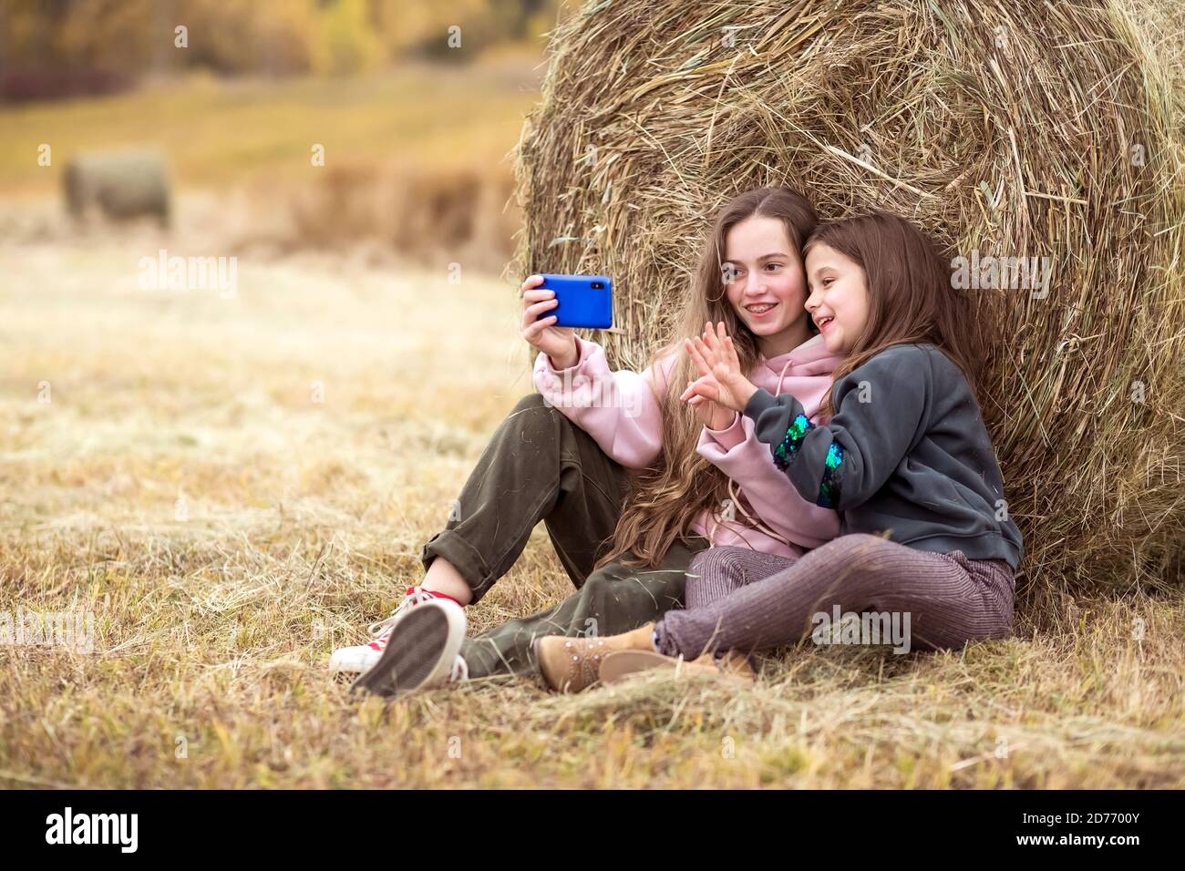 Two happy teenage girls sit on the grass in a meadow and take selfies using their phone. Stock Photo