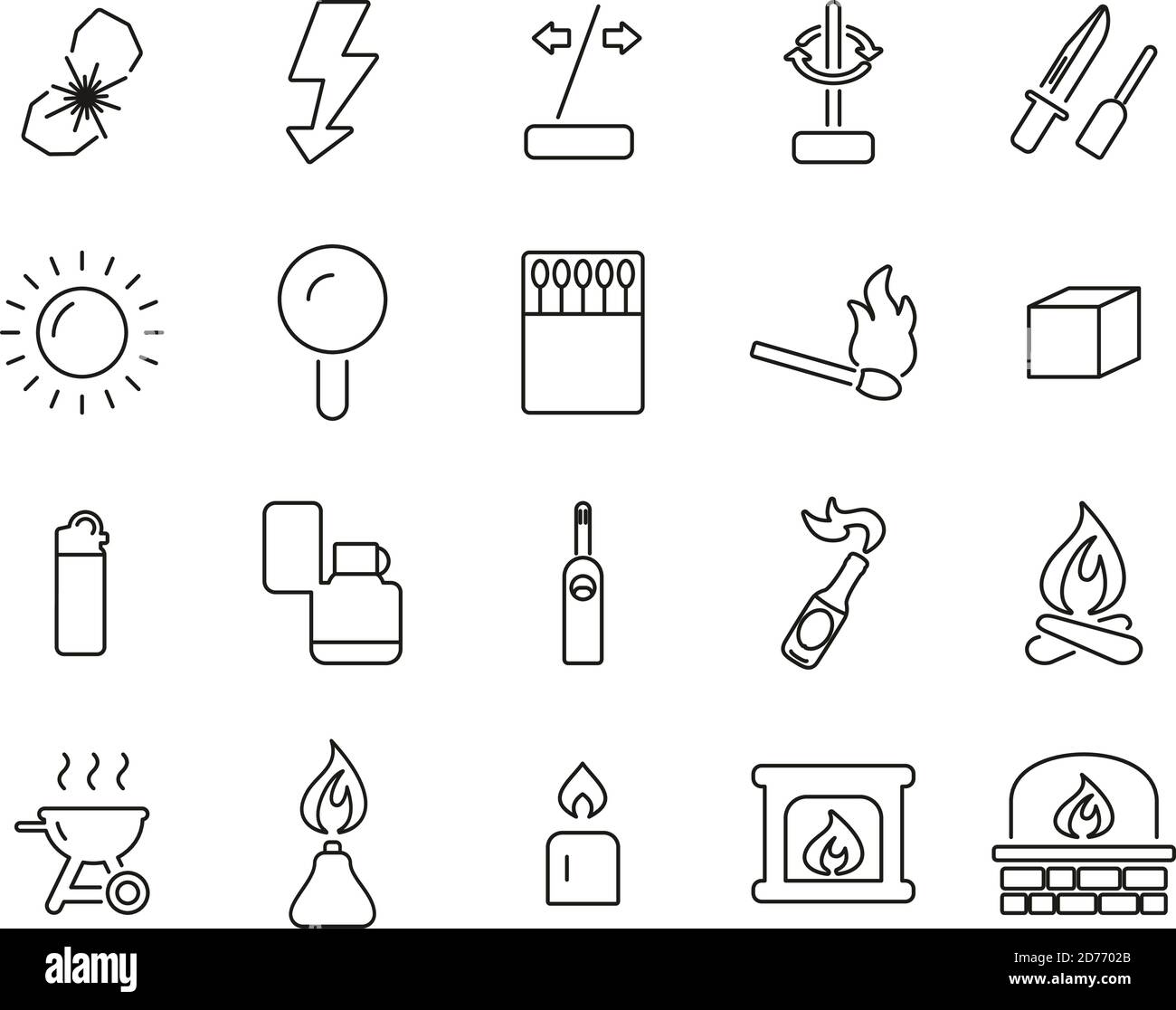 Fire & Fire Making Tools Icons Black & White Thin Line Set Big Stock Vector