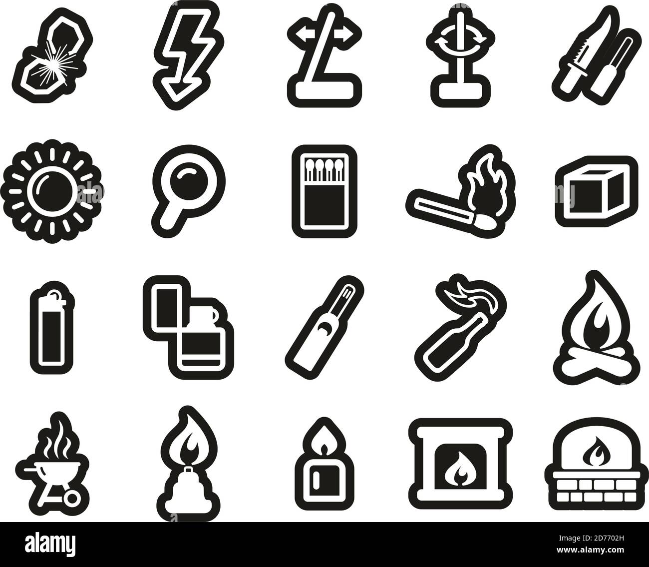 Fire & Fire Making Tools Icons White On Black Sticker Set Big Stock