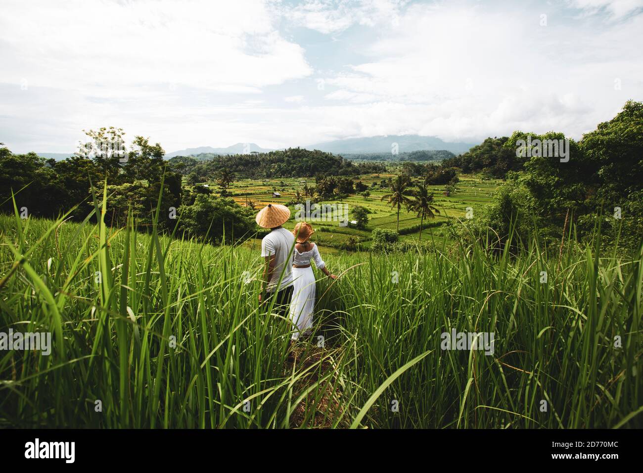 Holiday photograph couple walking in rice field, hand-holding couple with Bali conical hat Stock Photo