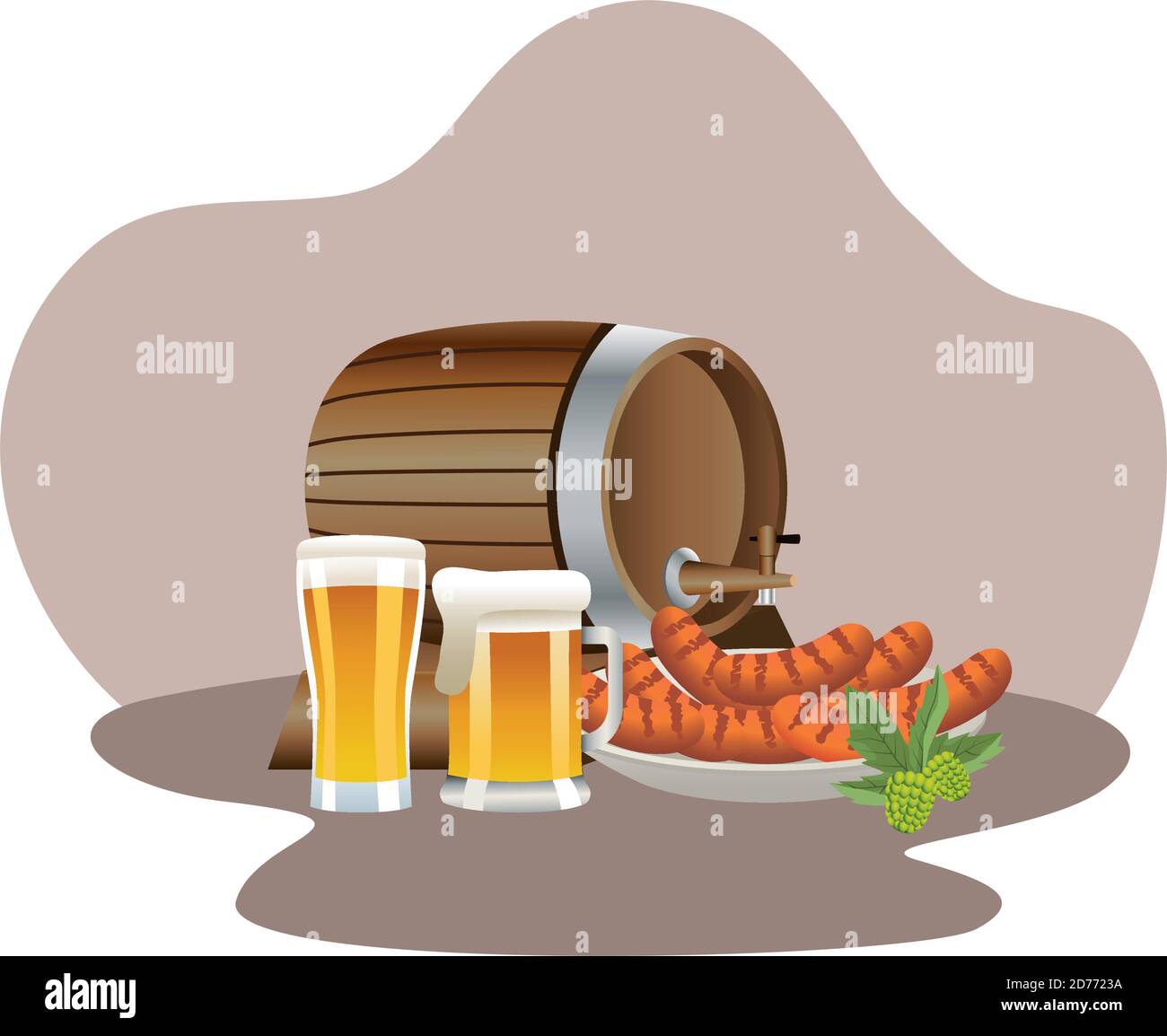 beer barrel drink wooden and jars with sausages vector illustration